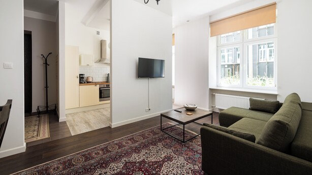 Una sala de estar moderna con un sofá, una mesa de centro, un televisor y una alfombra estampada.
