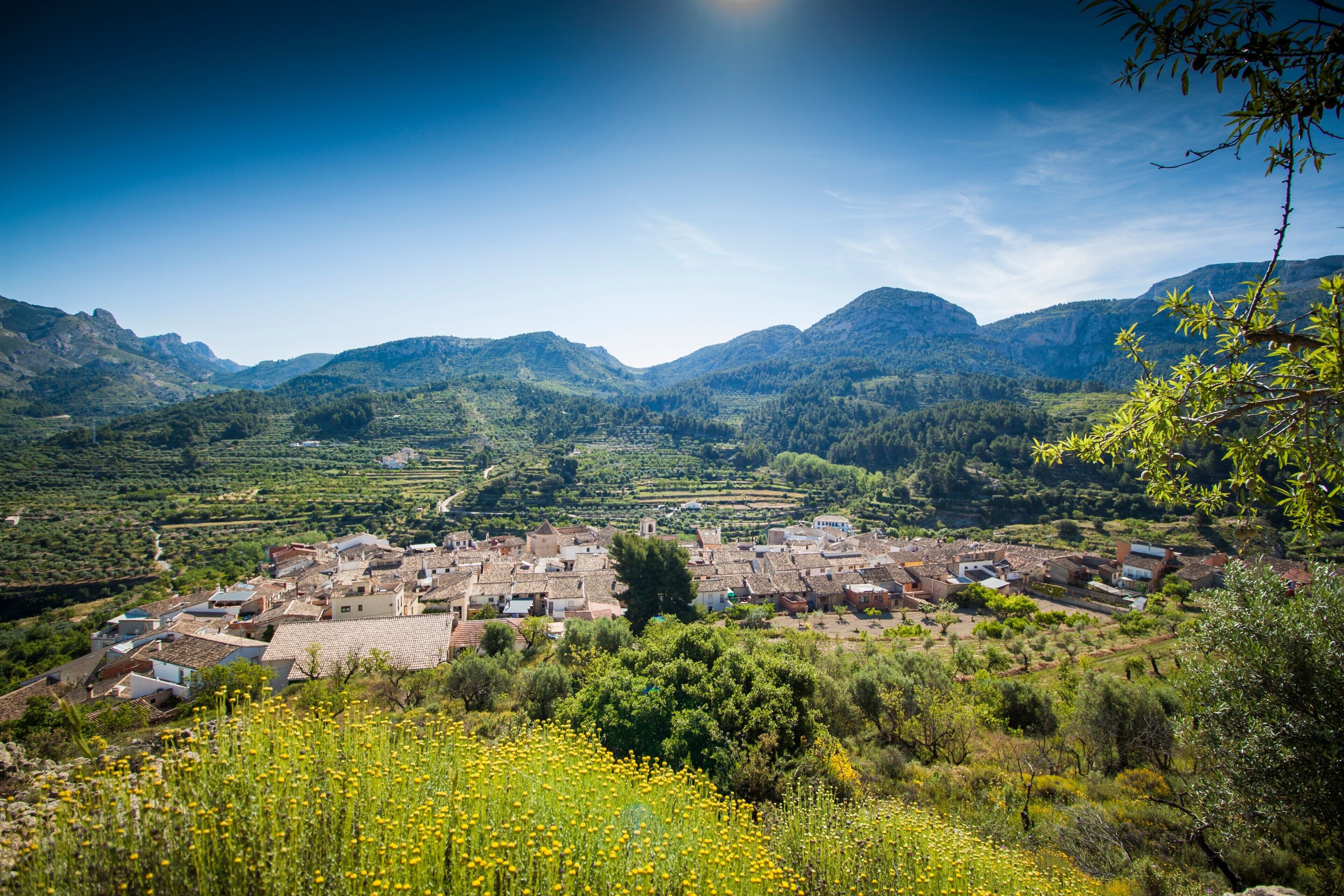 A rural village with traditional architecture, surrounded by mountains and fields.
