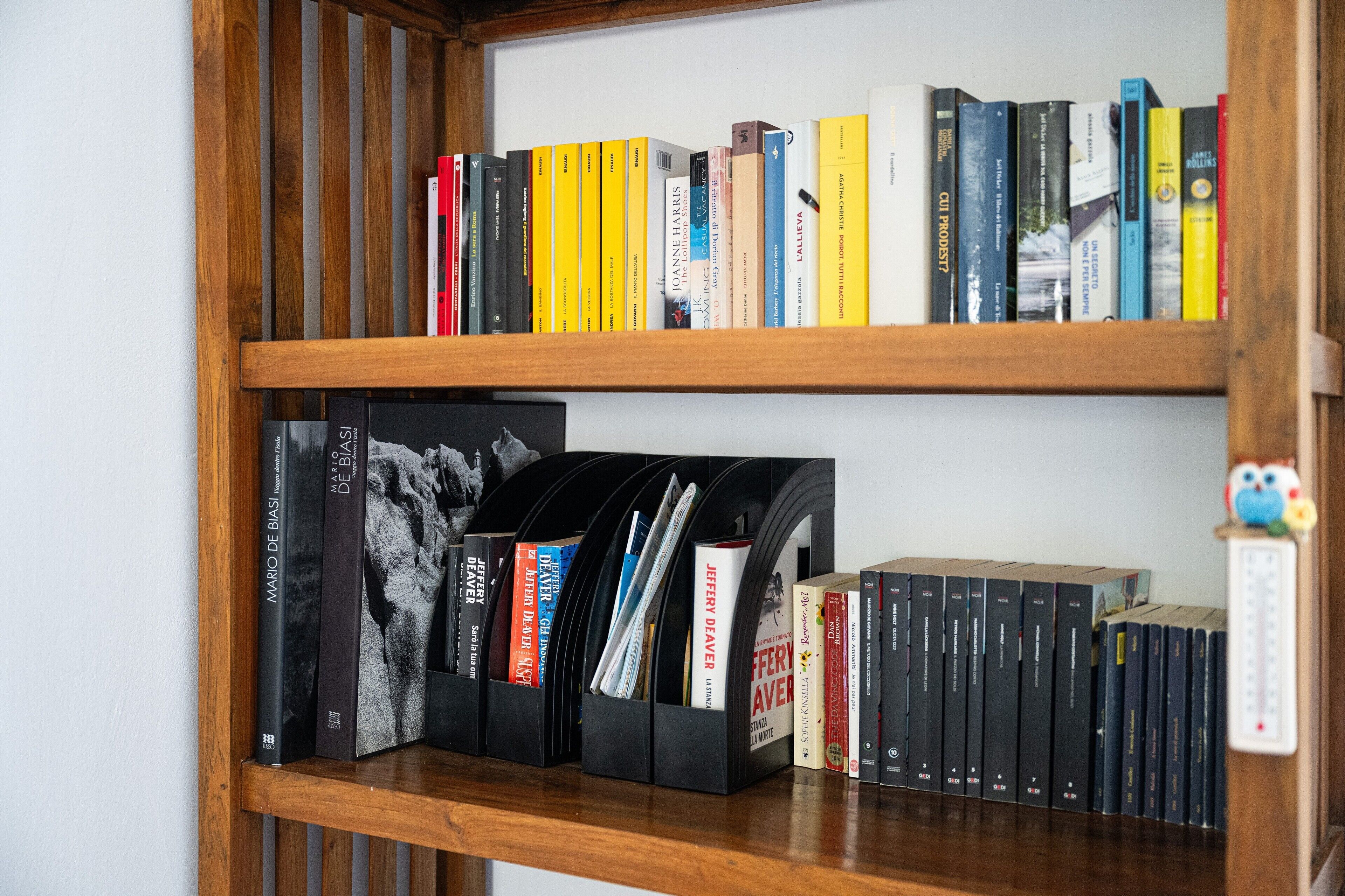 Een boekenplank met boeken en tijdschriften, een houten plank en een kleine uiltje decoratie.