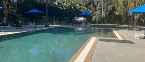 A clear swimming pool with a safety edge, surrounded by lounge chairs and umbrellas.