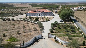 Vista aérea de una extensa propiedad con un edificio central, campos amplios y una entrada sinuosa.