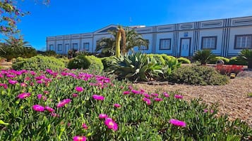 Een gebouw met een symmetrische gevel, omringd door een aangelegde tuin met diverse planten en bloemen.