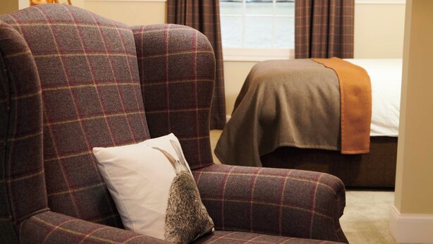 A plaid-patterned armchair with a white pillow and a fluffy pillow. - Downright Gabbler (Beauly)