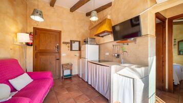 Een televisie en een open haard