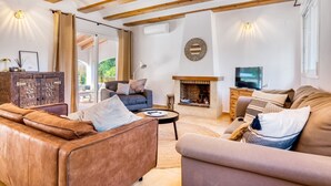 Een woonkamer met een open haard, banken en een televisie.