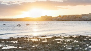 A coastal scene with boats on the water, rocky shore, and buildings in the background.
