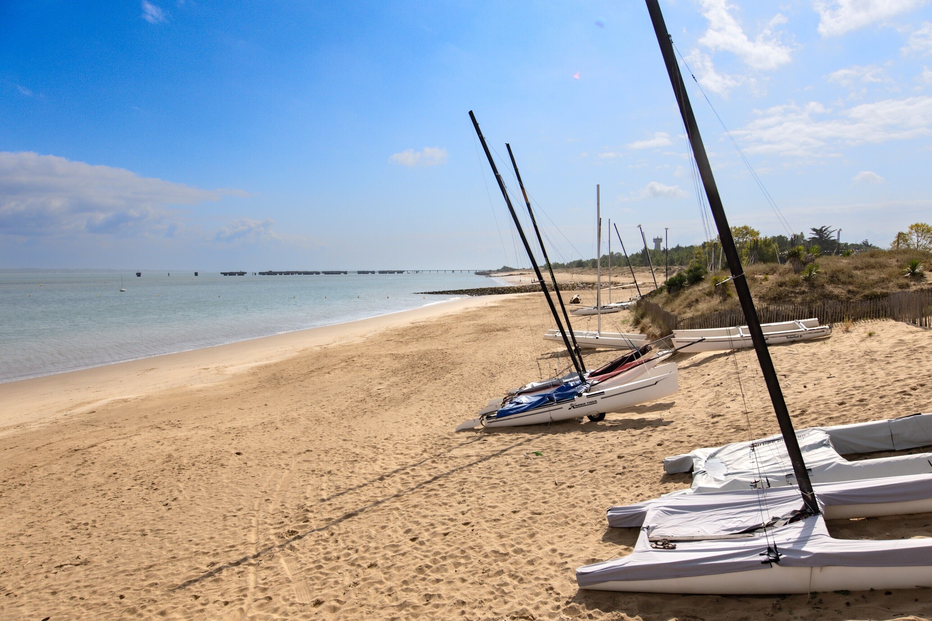 A beach with several sailboats moored on the sand, a clear sky, and a distant pier.