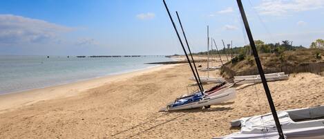 A beach with several sailboats moored on the sand, a clear sky, and a distant pier.