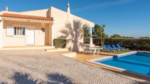A modern house with a swimming pool, a covered patio, and a garden.