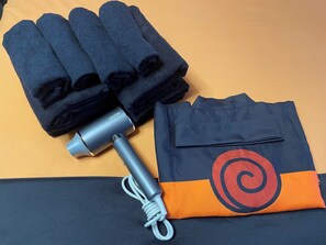 Hair dryer, towels, soap, shampoo