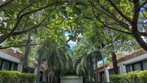 A poolside area with lounge chairs and a view of a building in the background. - Tunnel Urban Retreat (Siem Reap)