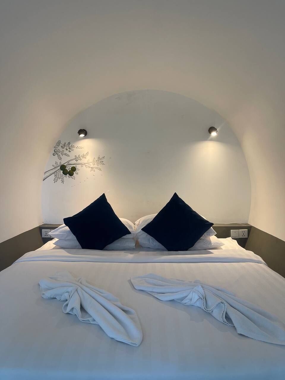 Een hotelkamer met een bed, twee kussens, een wandlamp en een stopcontact.