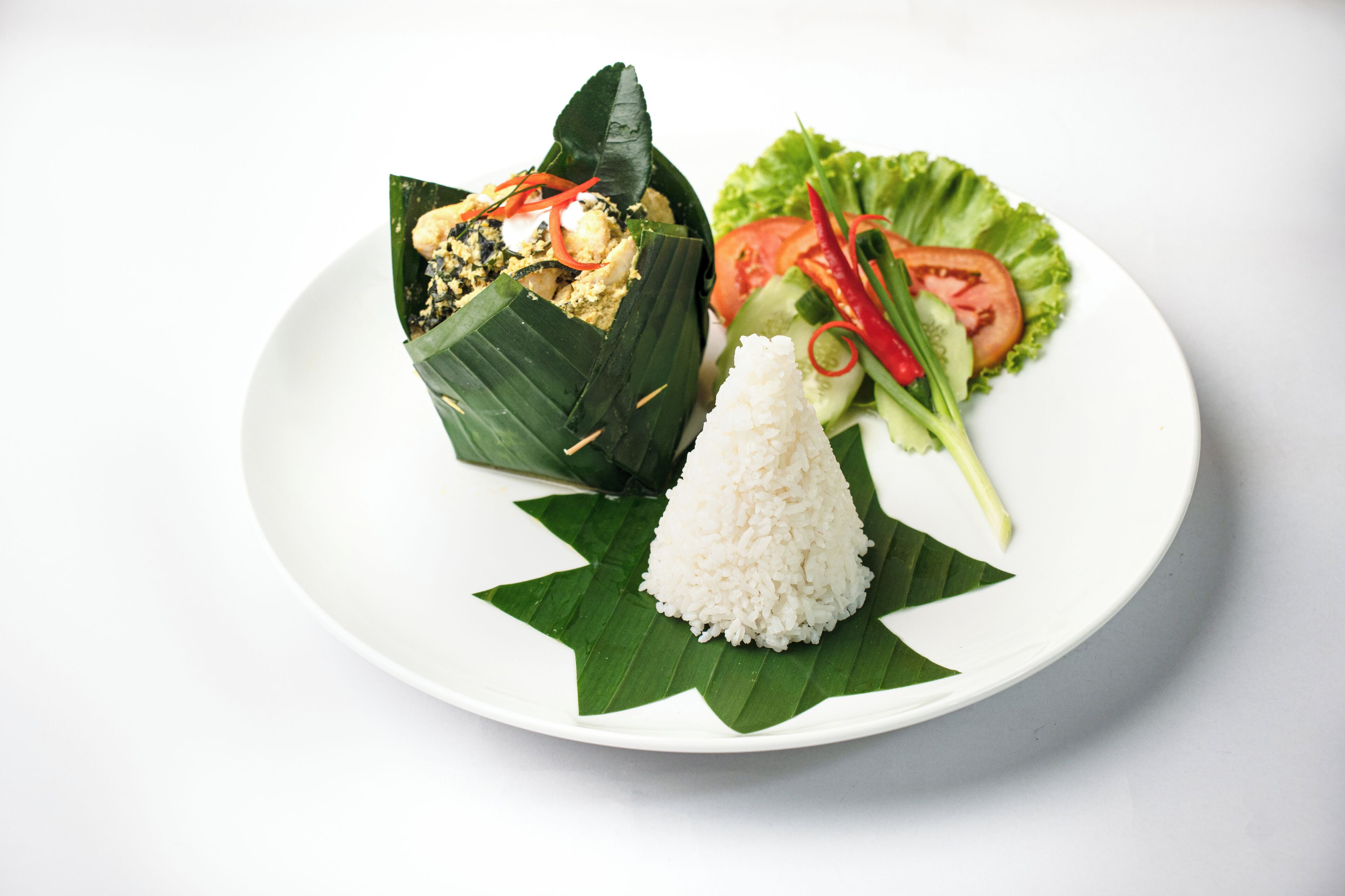 A plate with rice, a wrapped food item, and a salad.