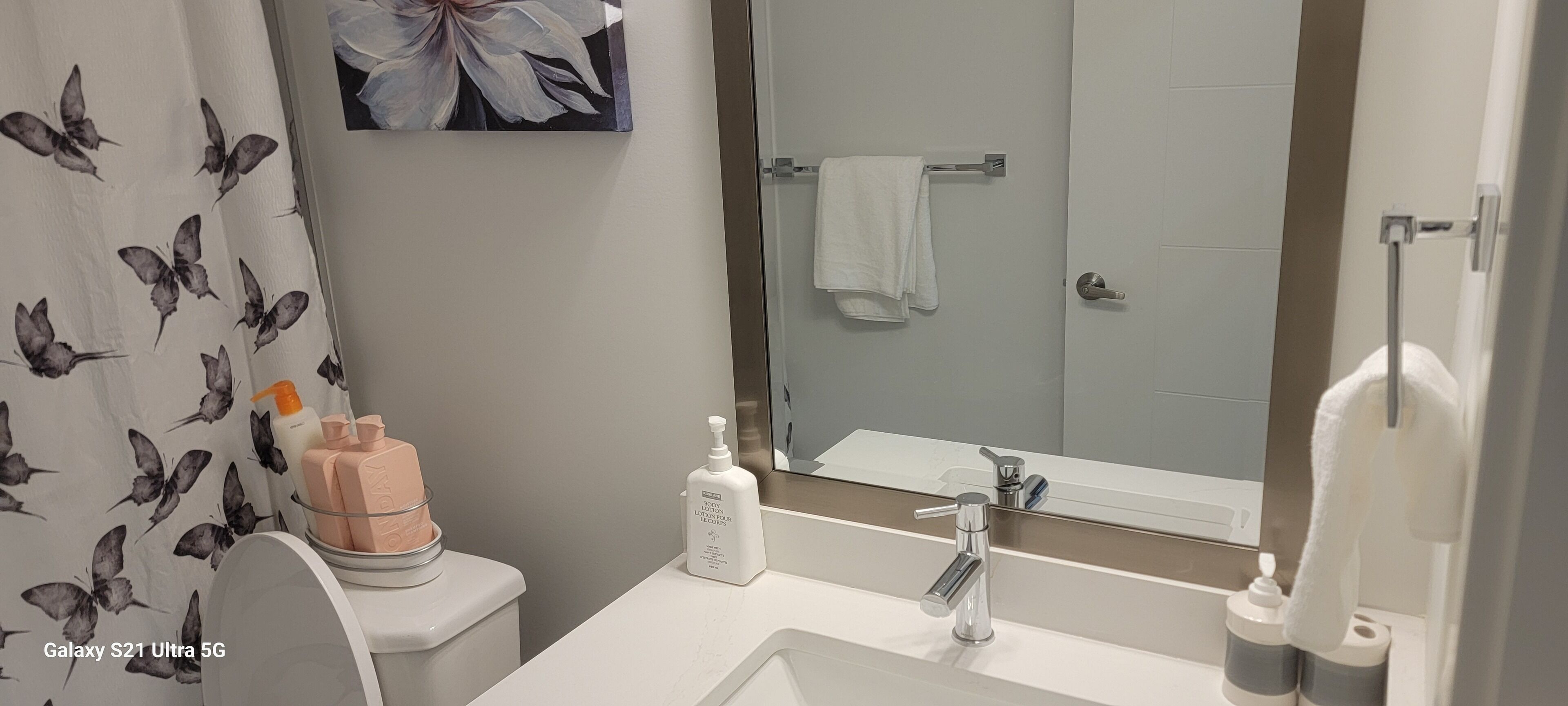 Hair dryer, towels, soap, shampoo