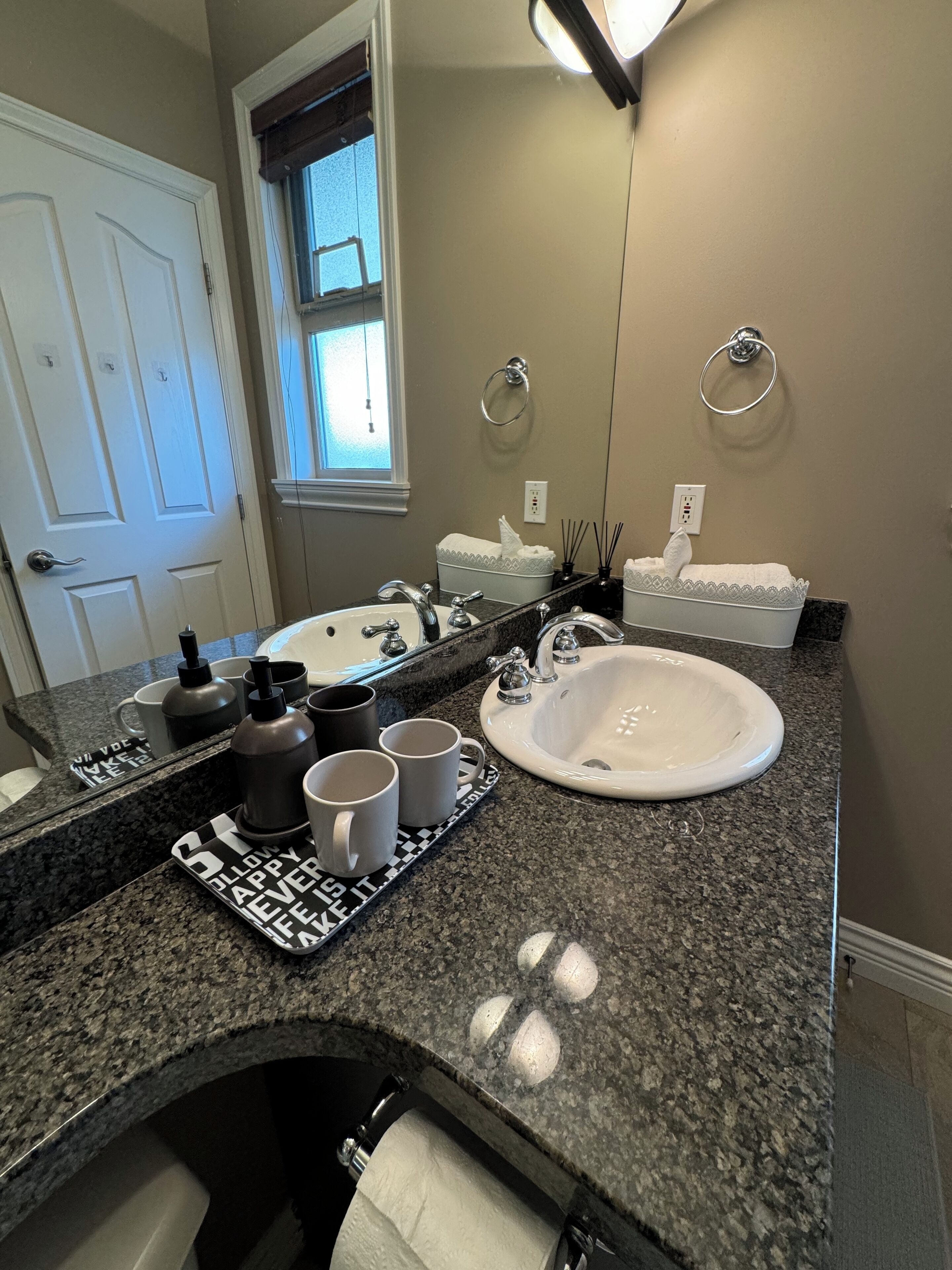 Hair dryer, towels, soap, shampoo