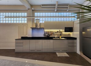 Fridge, microwave, stovetop, electric kettle