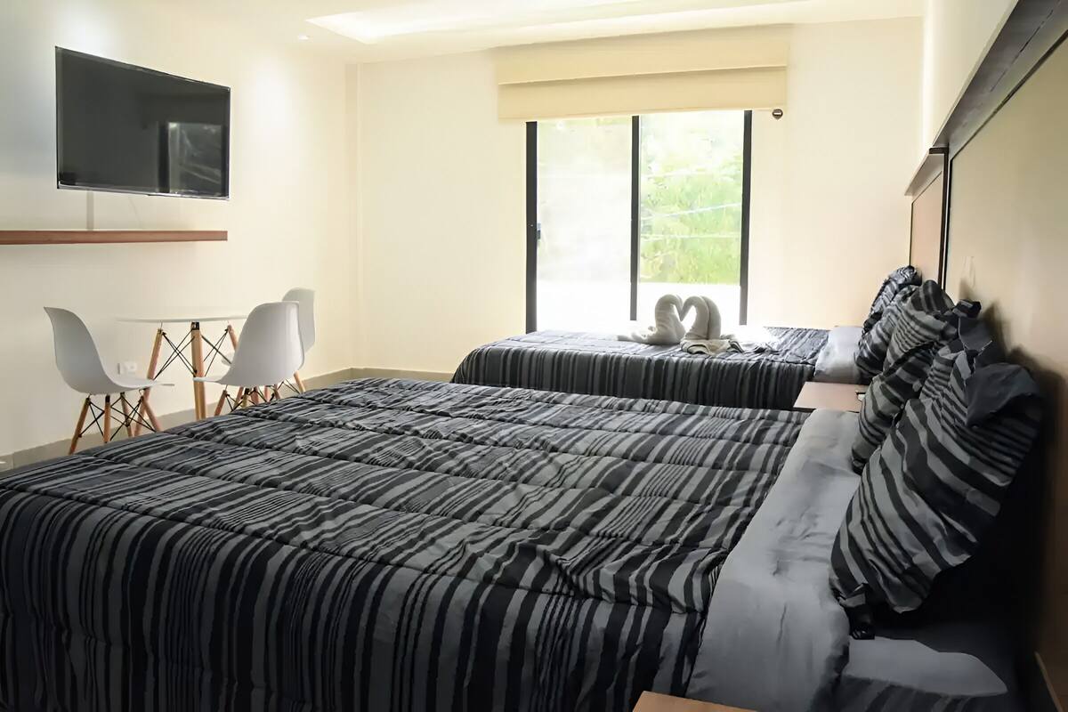 Habitación de hotel con dos camas, televisión, escritorio y ventana con vistas.