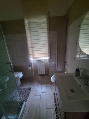 Hair dryer, towels, soap, toilet paper