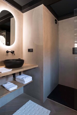 Shower, hair dryer, towels