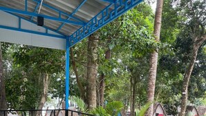 An outdoor area with artificial green turf, a blue metal structure, and surrounding trees. - Blue Shore Pavilion (Koh Rong)