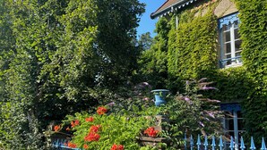Une maison avec une clôture bleue, des fleurs rouges et un feuillage vert.