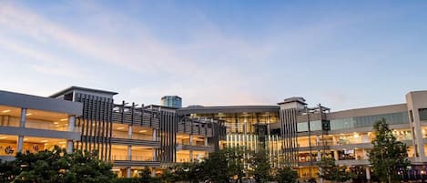 A modern building complex with multiple levels, large windows, and a central courtyard with a water feature.