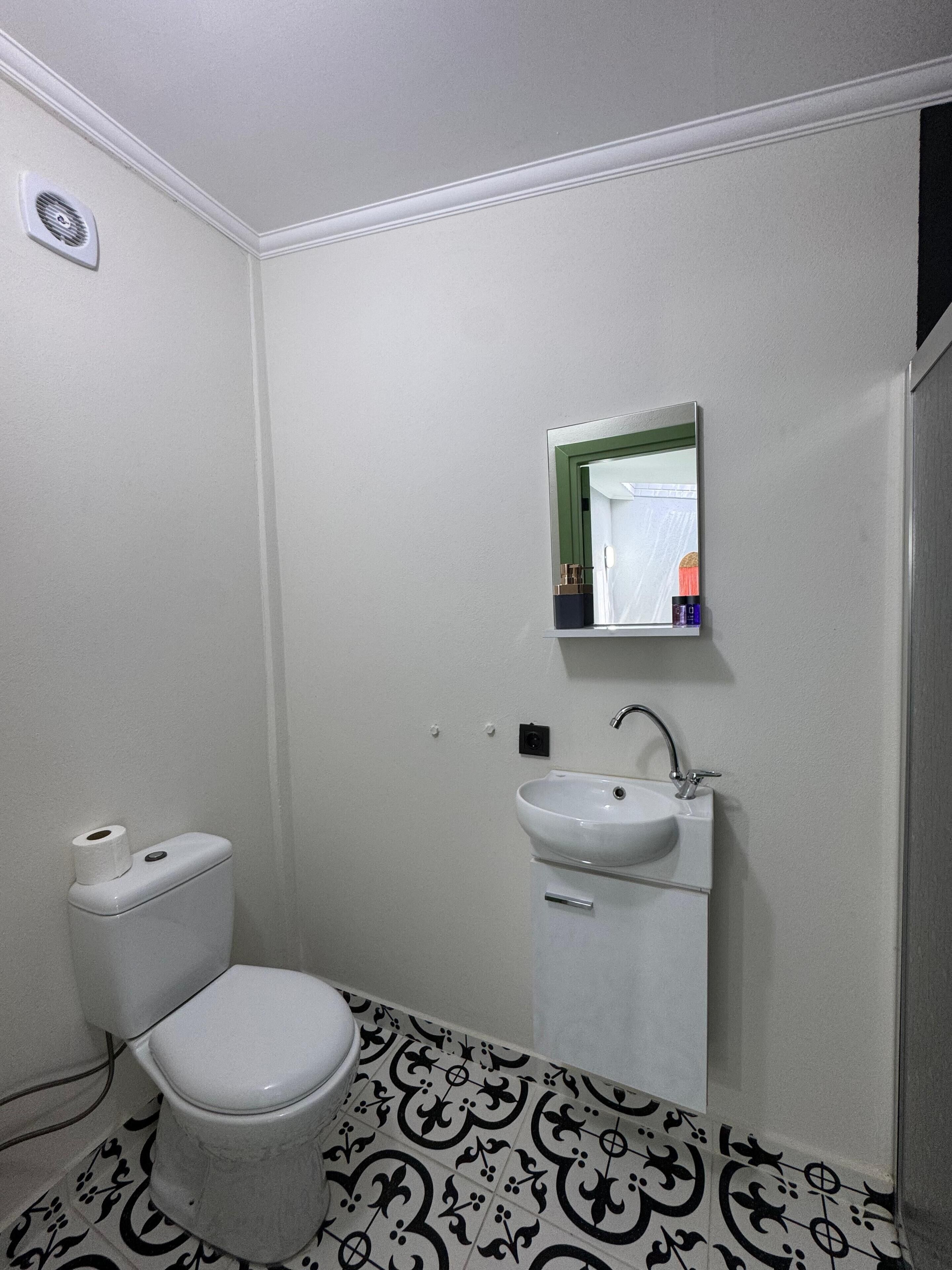 Un baño pequeño con inodoro, lavamanos y espejo.