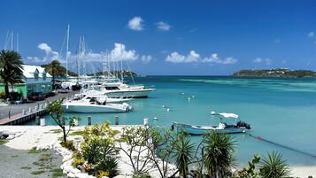 A marina with several yachts docked, a building with a green roof, and a clear blue sky.