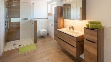 Shower, free toiletries, hair dryer, towels