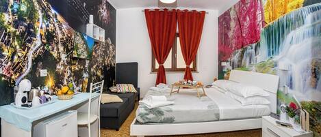 1 bedroom, desk, iron/ironing board, travel cot