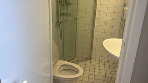 A bathroom with a toilet, a glass-enclosed shower, and a sink.