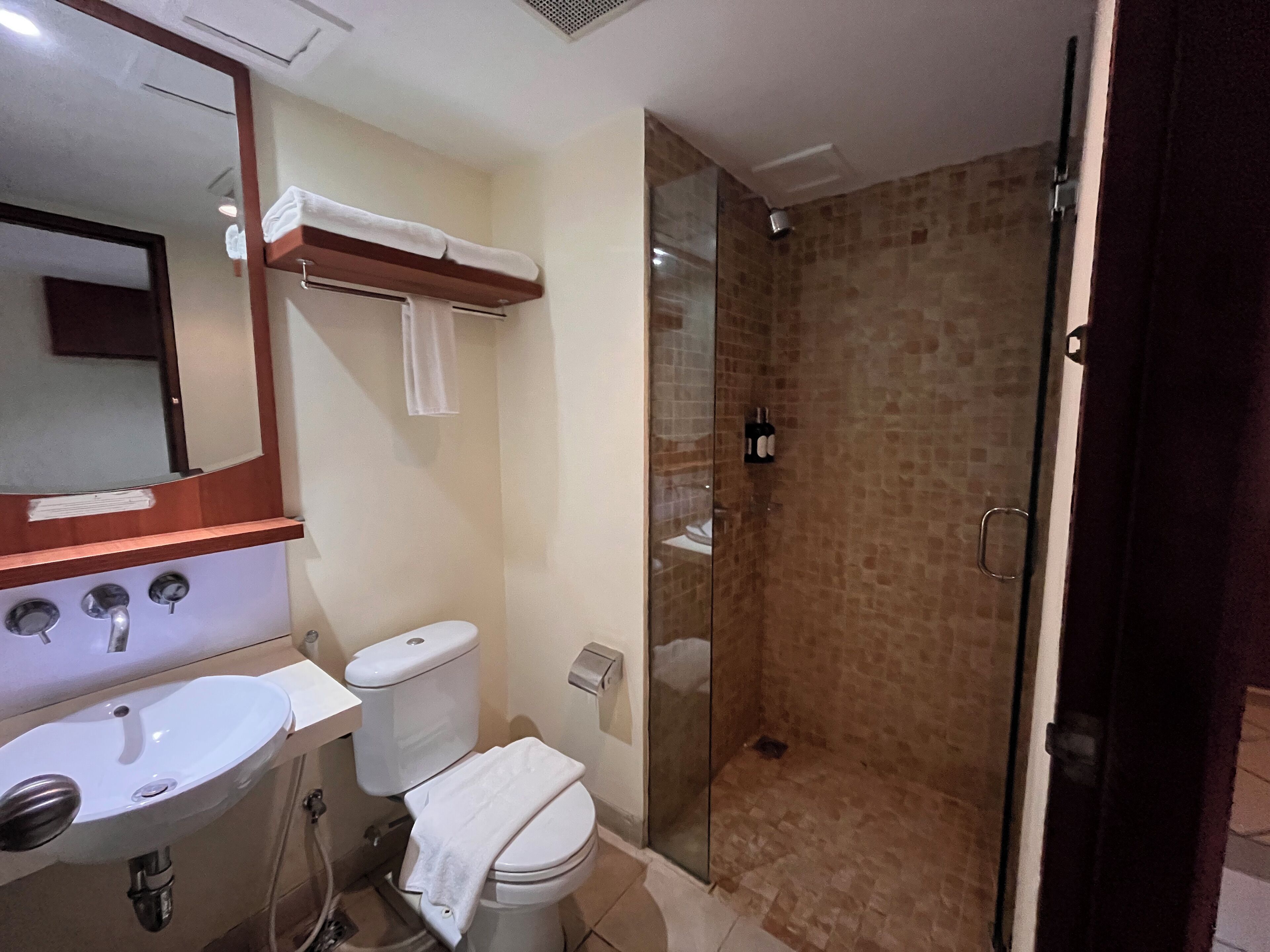 Ein Badezimmer mit Waschbecken, Toilette und Dusche.