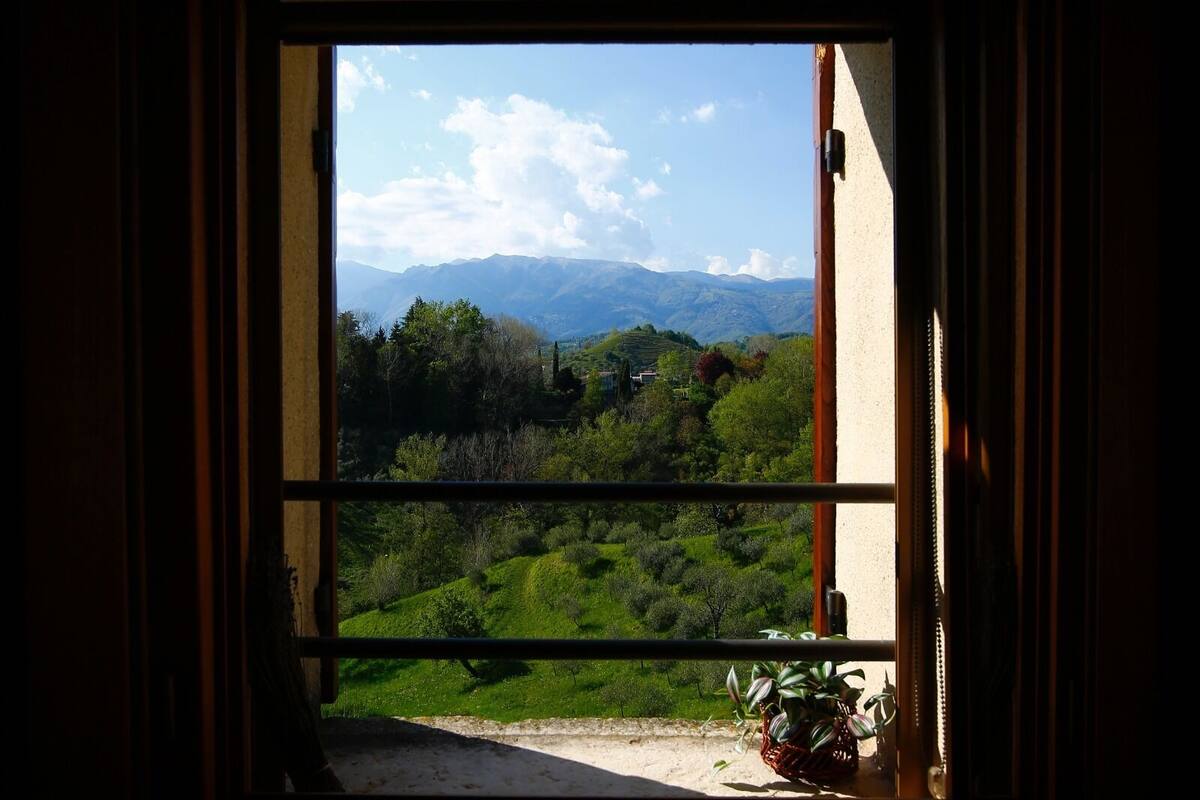 Vista a través de una ventana de metal que muestra un paisaje con montañas y vegetación.