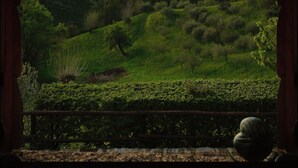 Une vue à travers une fenêtre à cadre en bois, dévoilant un paysage verdoyant et luxuriant, avec des arbres et des collines à l’horizon.