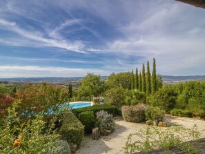 Un giardino curato con piscina, arbusti diversi e alti cipressi.