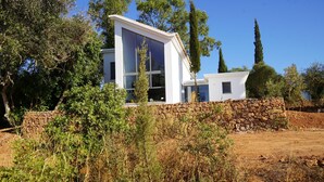 Une maison moderne dotée de grandes fenêtres, entourée de verdure et d’un mur en pierre.