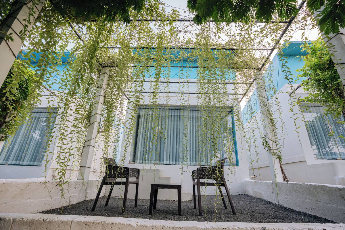 An outdoor seating area with a table and chairs, surrounded by greenery and a building with blue accents.