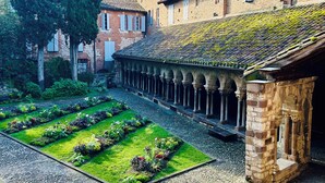 A courtyard with a garden, stone pathway, and traditional buildings with brick facades and tiled roofs. - La Maison du Prévôt, au Pied de la Cathédrale ! (Albi)