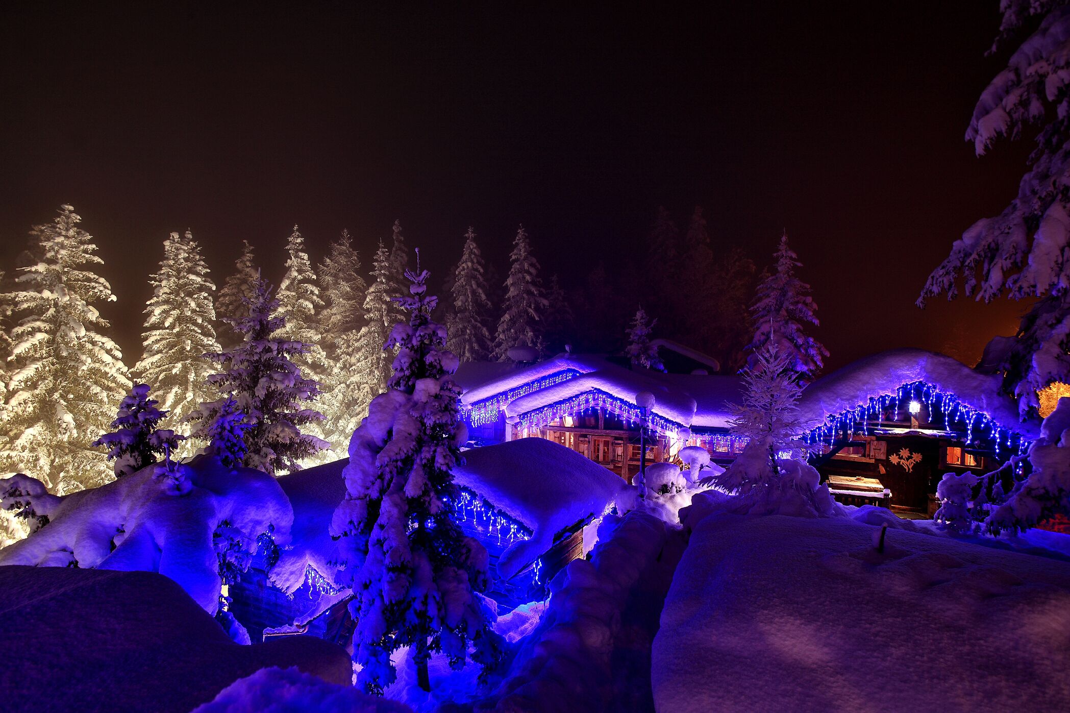 A snow-covered landscape with a building illuminated by blue lights, surrounded by snow-laden trees.