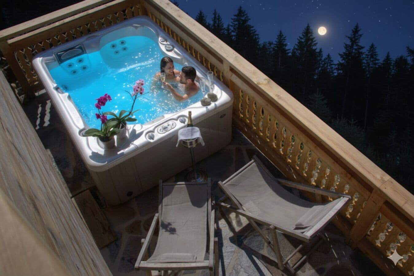 A hot tub on a balcony with a night sky view, surrounded by wooden railings and a potted plant.