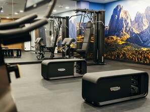 A gym with various exercise machines, a large mirror, and a mountainous mural on the wall.