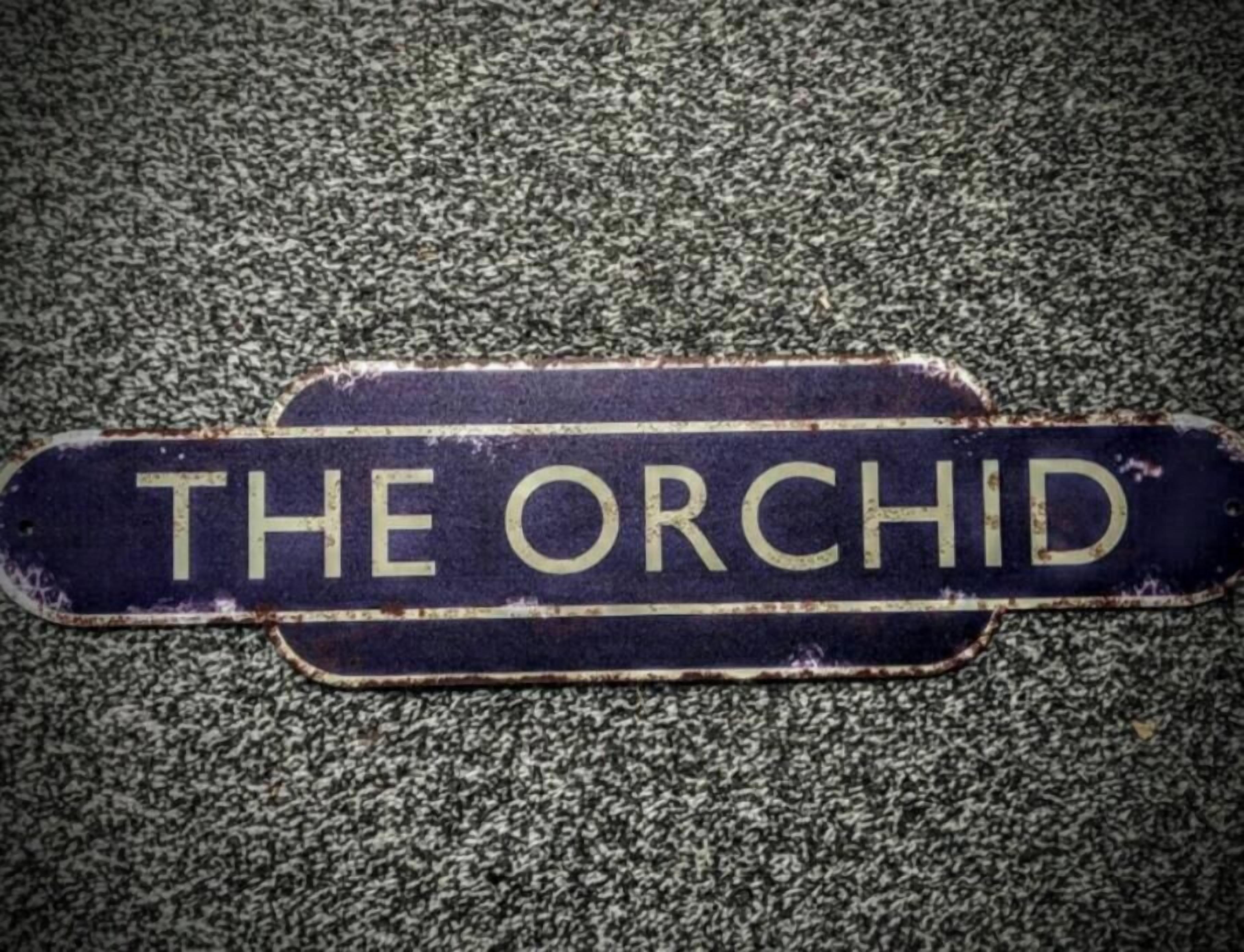 Um letreiro com o texto 'THE ORCHID' em uma superfície texturizada.