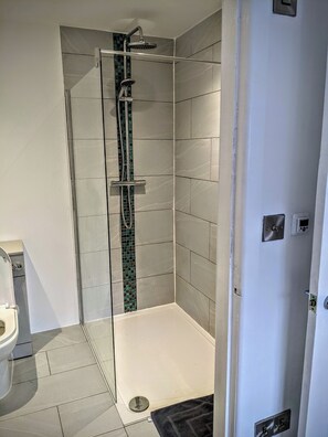 Shower, hair dryer, towels, soap