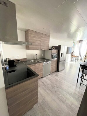 Kühlschrank, Mikrowelle, Herdplatte, Geschirrspüler