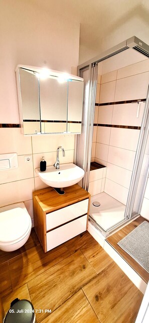 Dusche, Haartrockner, Seife, Toilettenpapier
