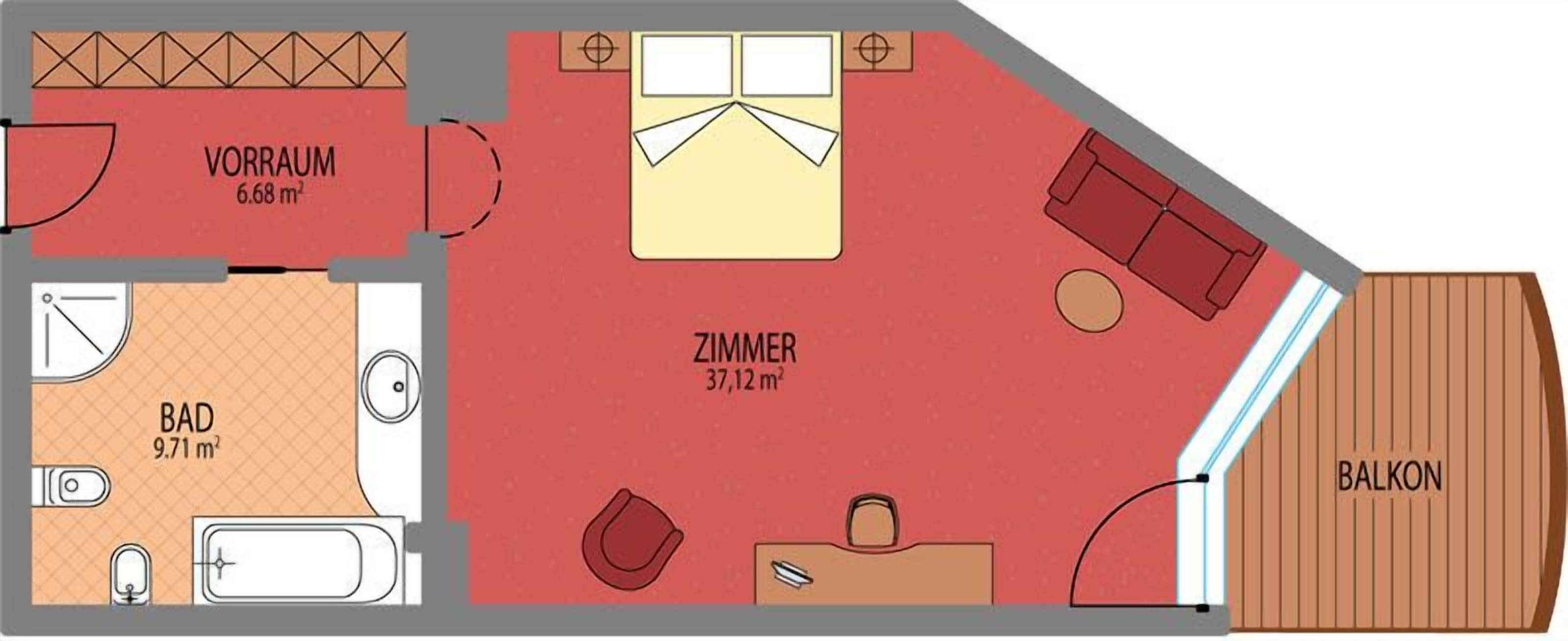 A floor plan with a living room (vorraum) of 6.68 m², a bathroom (bad) of 9.71 m², a bedroom (zimmer) of 37.12 m², and a balcony.