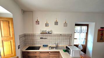 Jääkaappi, mikroaaltouuni, liesi, kahvin-/teenkeitin