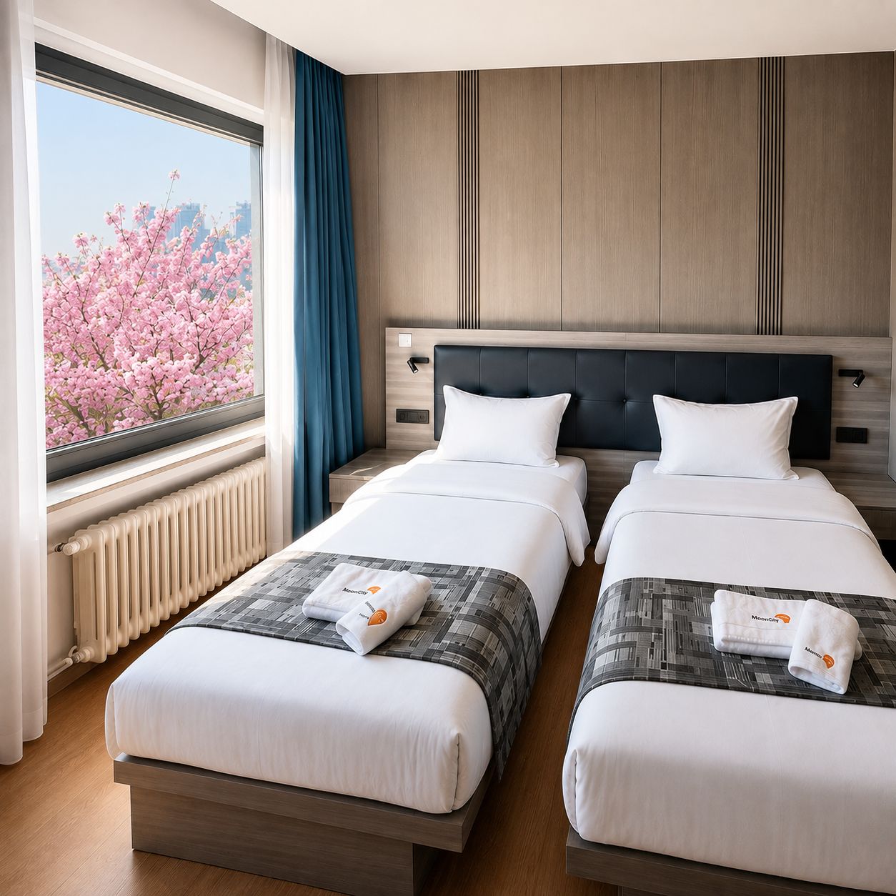 A hotel room with two beds, a large window with a view of cherry blossoms, and a radiator.