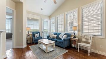 Televisio, takka, työhuone