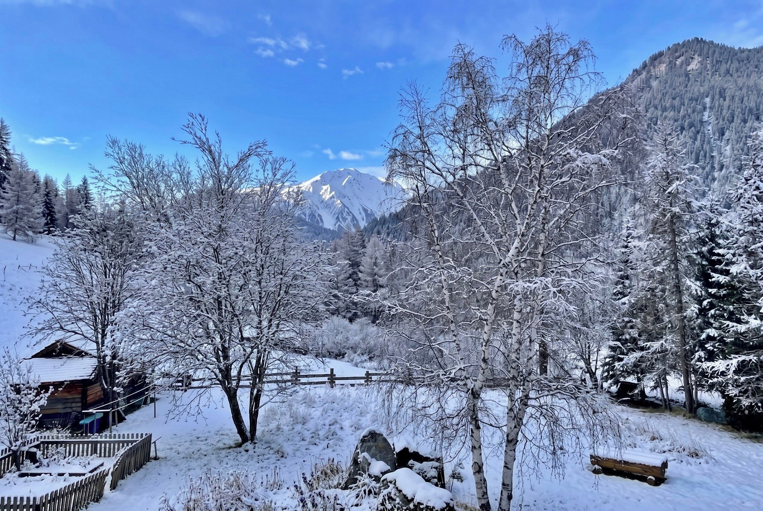 A snow-covered landscape with a cabin, trees, and mountains in the background.